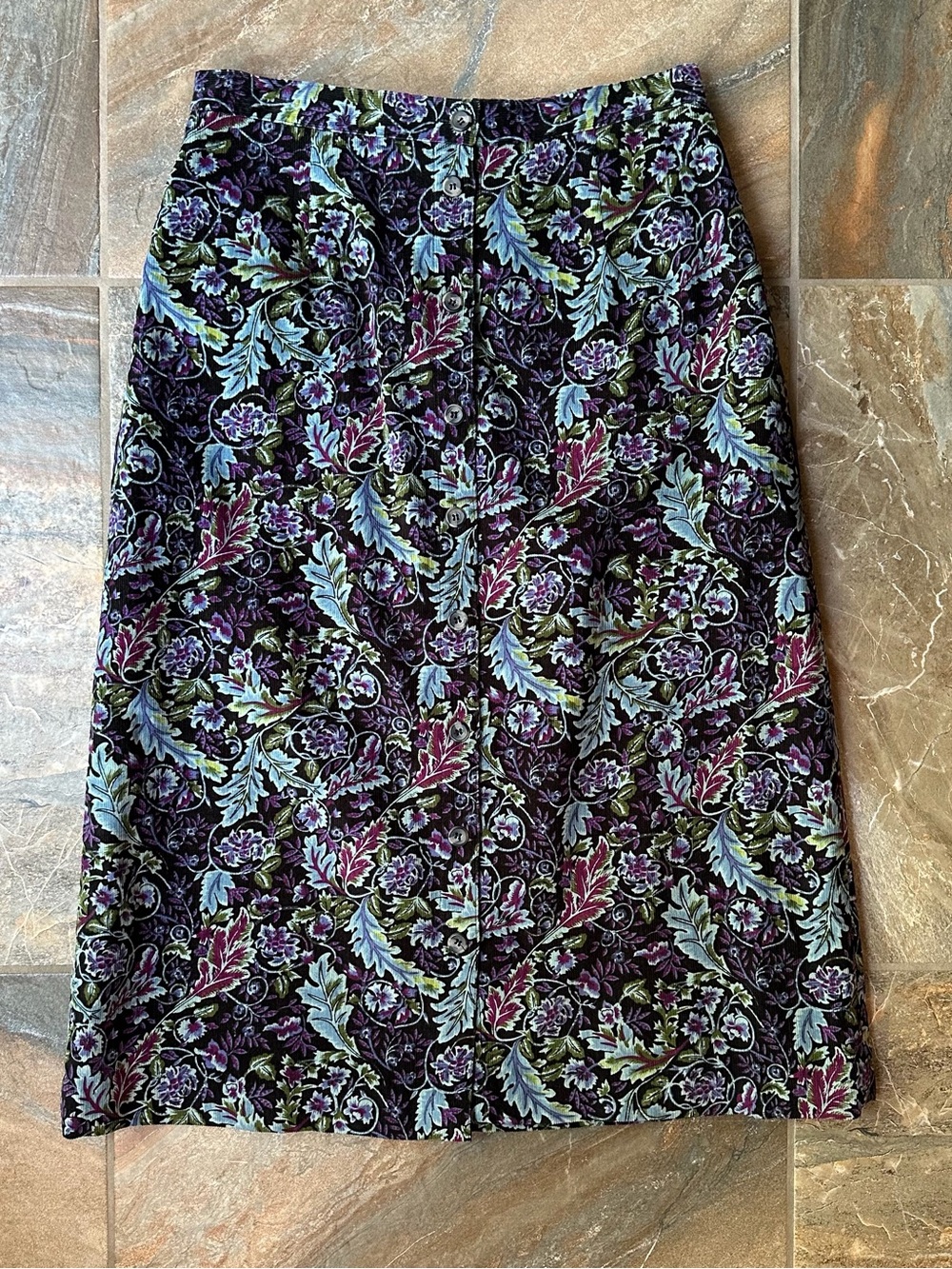 Vintage 90s Appleseed's Floral Corduroy Button Front Midi Skirt Whimsigoth 8